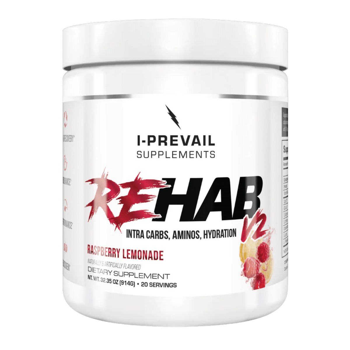 I-Prevail Rehab V2 Intra Workout carbohydrate powder, front of container
