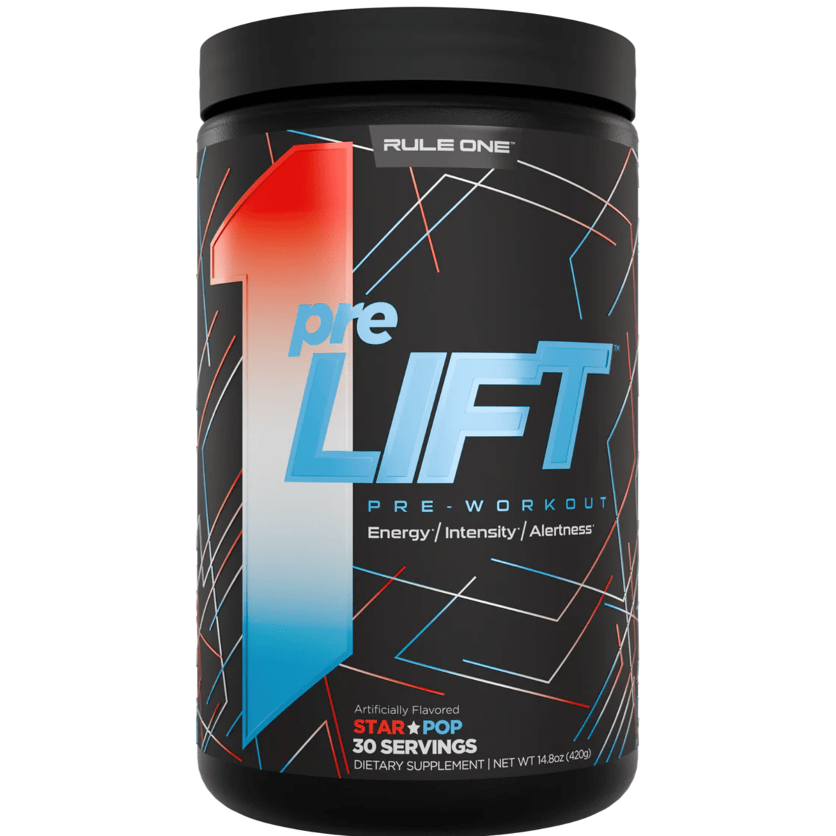 Rule One preLIFT pre-workout powder, front of container
