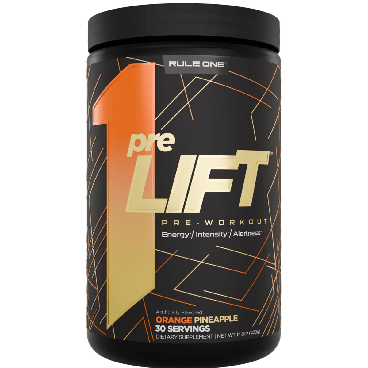 Rule One preLIFT pre-workout powder, 30sv size, Orange Pineapple flavor