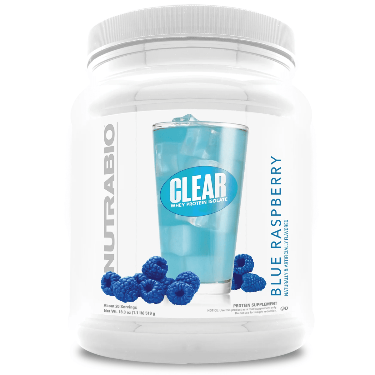 Nutra Bio Clear Whey Protein Isolate, 20sv size, Blue Raspberry flavor