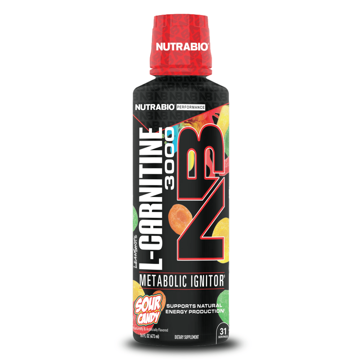 NutraBio L-Carntine Liquid Shots ready-to-drink beverage, front of container