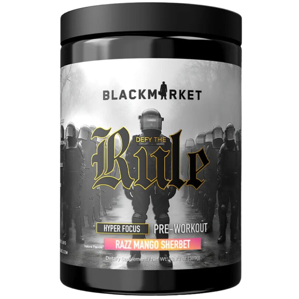 Black Market RULE pre-workout powder, Razz Mango Sherbert flavor