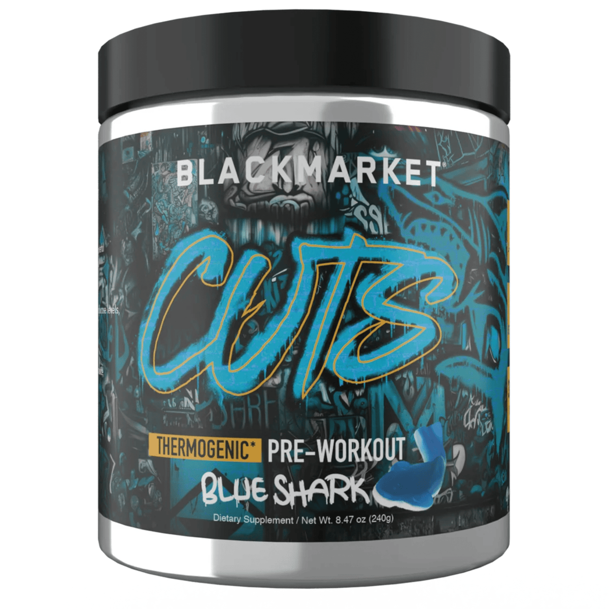Black Market AdreNOlyn Cuts pre-workout powder, front of container