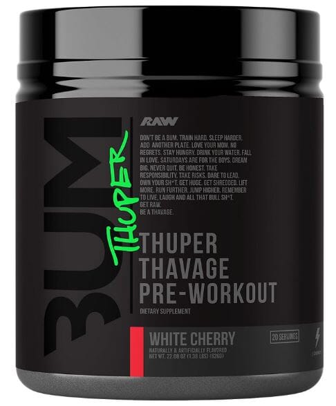 RAW CBUM Thuper Thavage pre-workout powder, White Cherry flavor