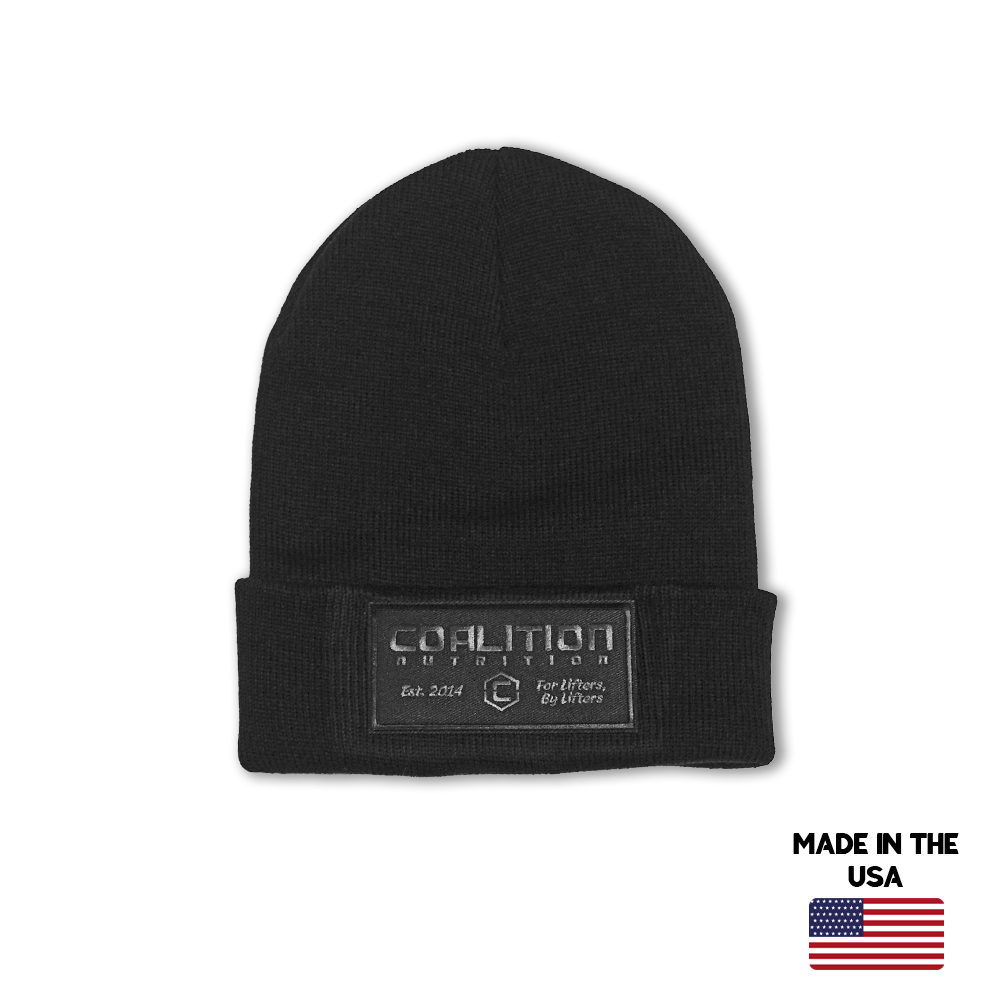 Coalition Nutrition USA Made Beanie w/ Knit Patch apparel, Black colorway, One Size Fits Most