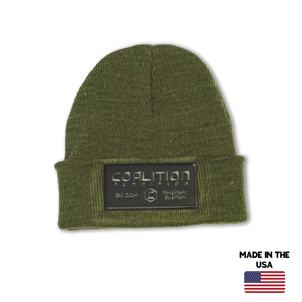 Coalition Nutrition USA Made Beanie w/ Knit Patch apparel, Olive colorway, One Size Fits Most
