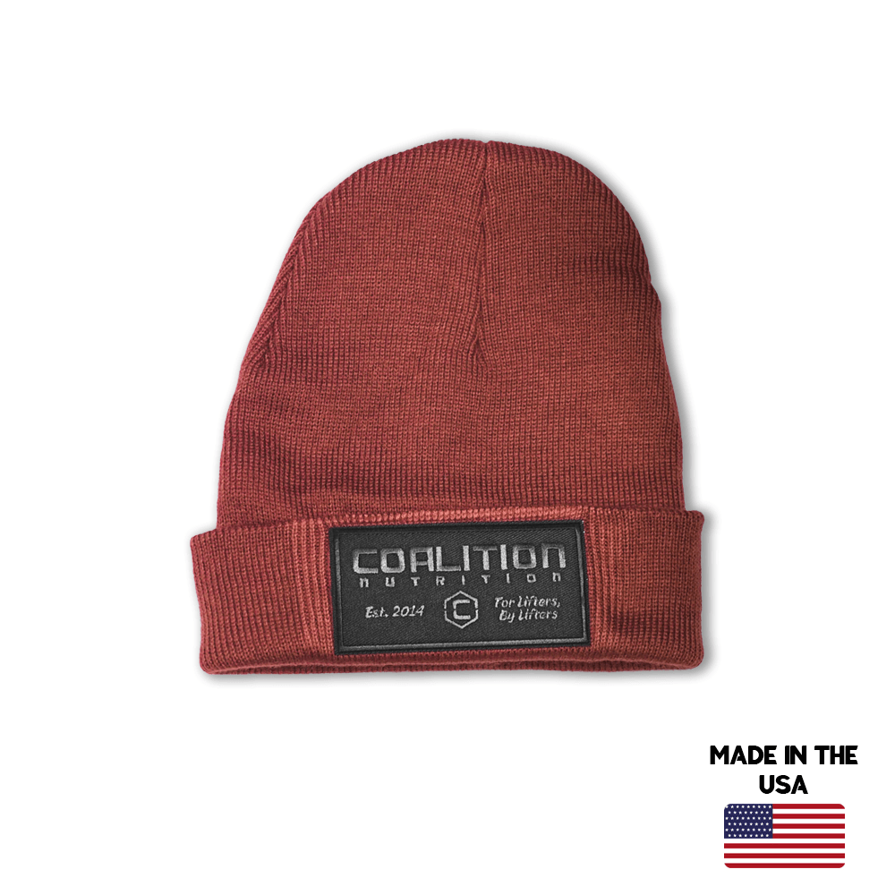 Coalition Nutrition USA Made Beanie w/ Knit Patch apparel, Burnt Orange colorway, One Size Fits Most